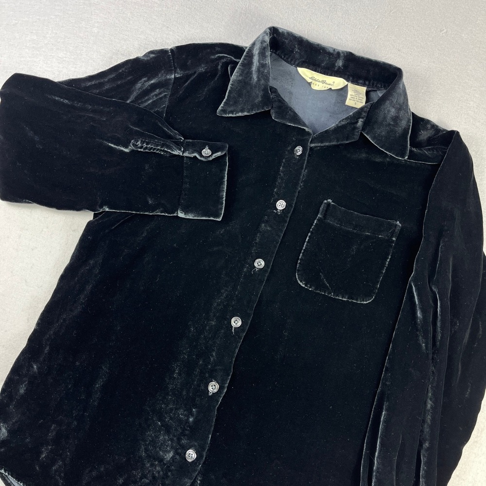Eddie Bauer Womens Black Rayon Silk Velvet Button Down Shirt Small Collared Top